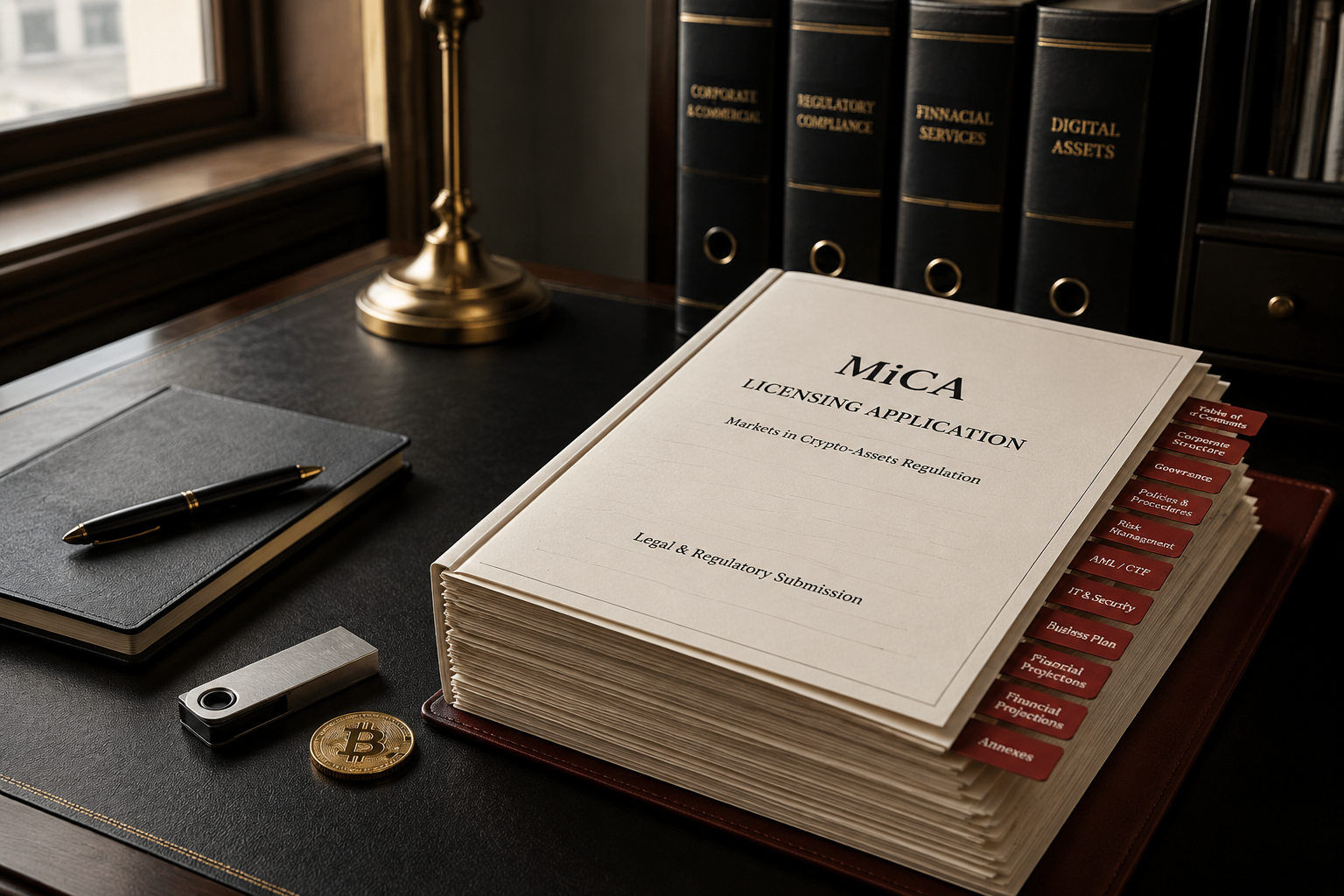 MiCA licensing dossier on a legal desk with a hardware wallet and Bitcoin token